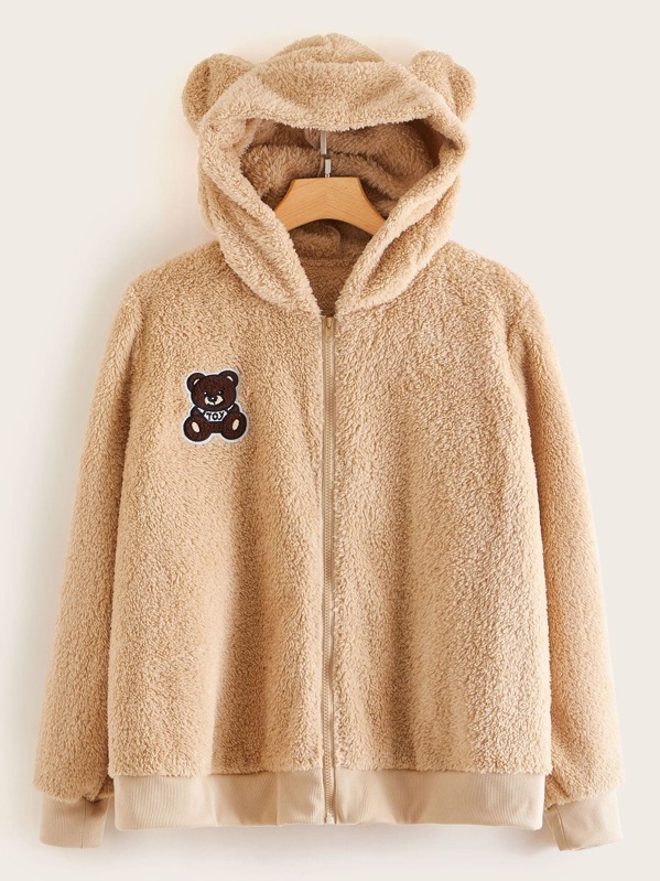 

Plus Bear Embroidered Fuzzy Ear Teddy Jacket, Beige