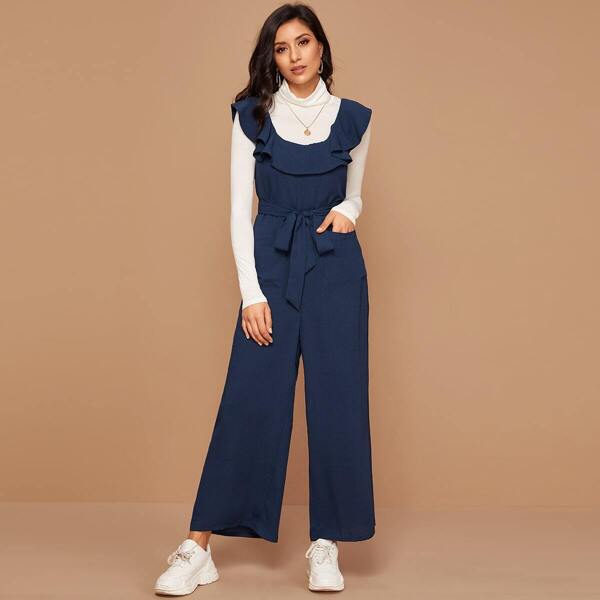 

Ruffle Detail Patch Pocket Belted Jumpsuit, Navy