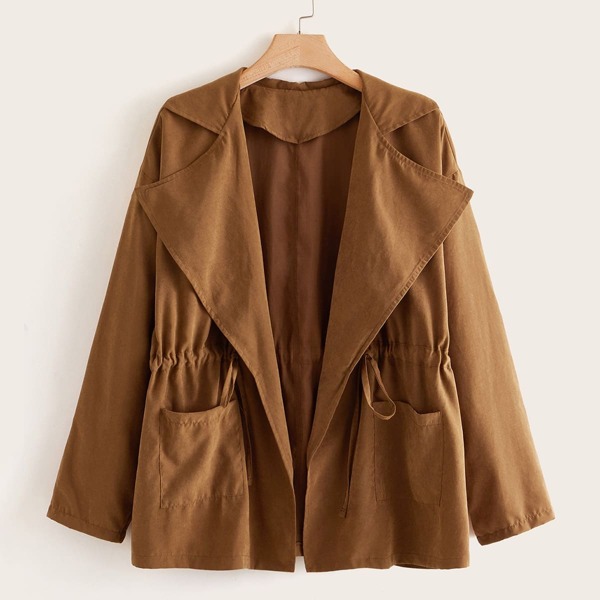 

Plus Drawstring Waist Dual Pocket Waterfall Coat, Brown
