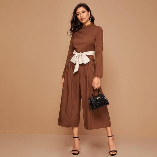 

Lace Trim Wide Leg Self Belted Jumpsuit, Brown