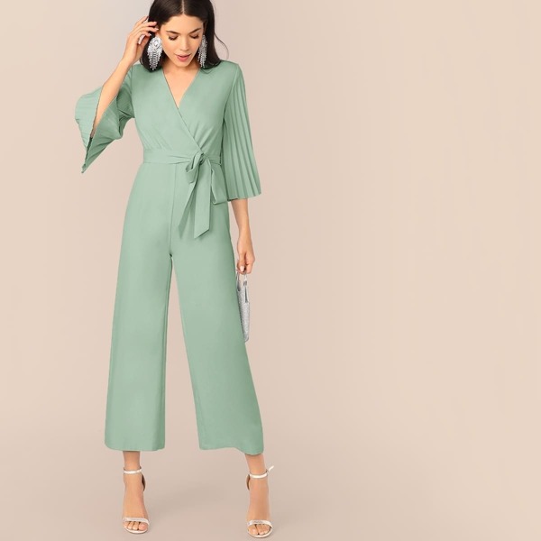 

Pleated Sleeve Surplice Wrap Belted Jumpsuit, Green pastel