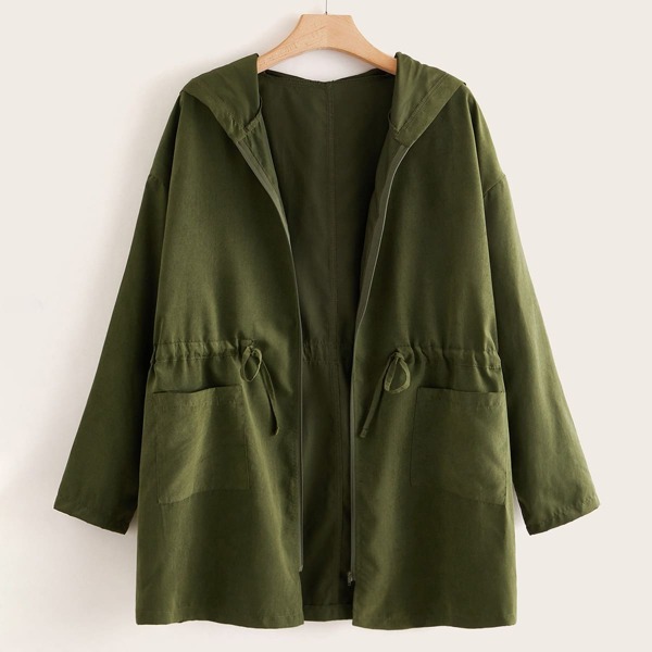 

Plus Drawstring Waist Dual Pocket Hooded Coat, Army green