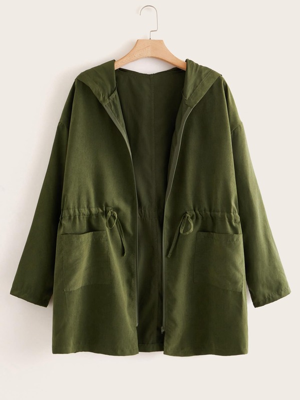 

Plus Drawstring Waist Dual Pocket Hooded Coat, Army green