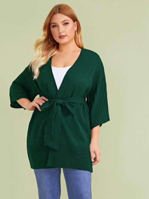 

Plus Open Front Belted Solid Cardigan, Green, Nora