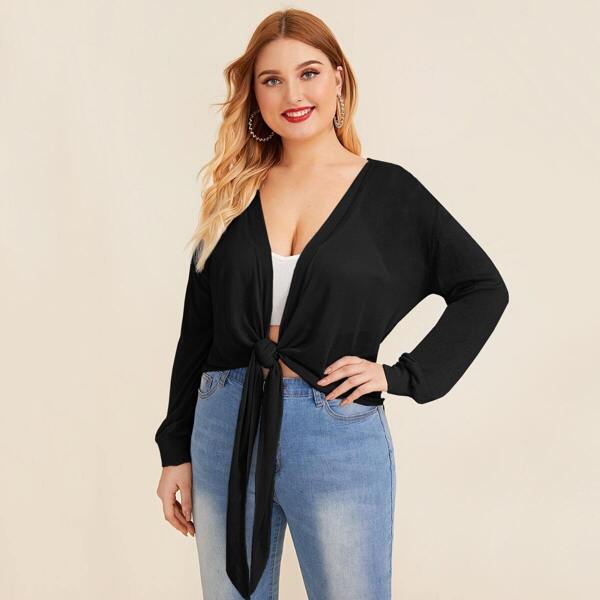 

Plus Solid Self Tie Cardigan, Black