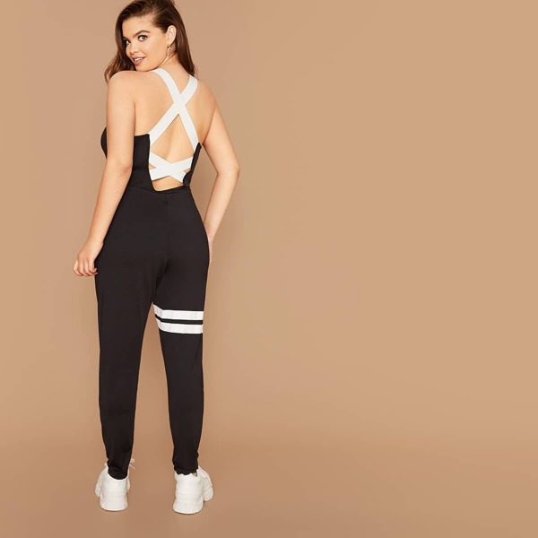 

Plus Crisscross Open Back Striped Tank Jumpsuit Without Bag