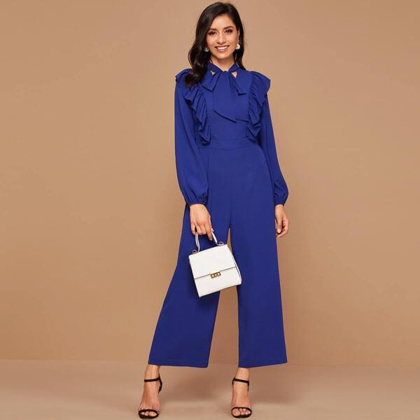 

Tie Neck Ruffle Trim Wide Leg Jumpsuit, Blue