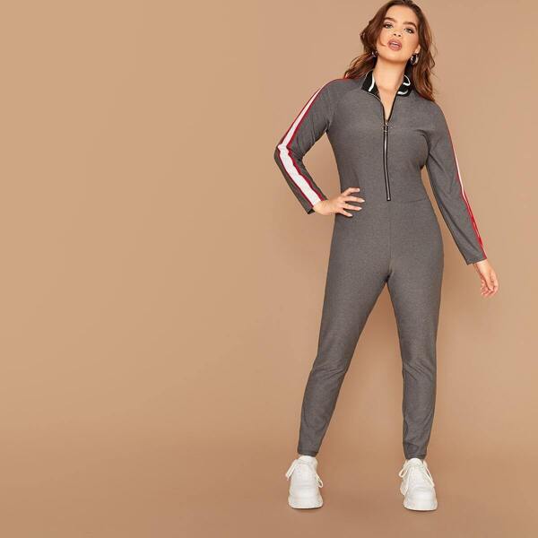 

Plus Mock Neck Zipper Front Striped Side Jumpsuit, Grey