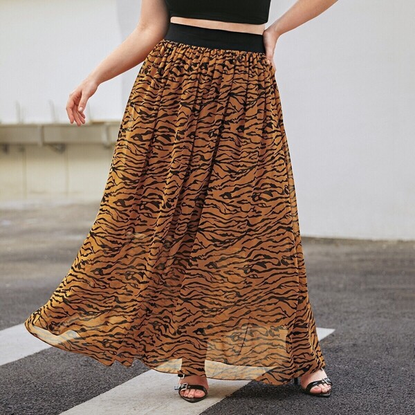 

Plus Zebra Striped Elastic Waist Chiffon Skirt, Brown