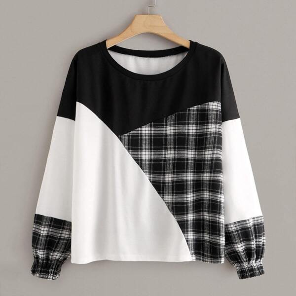 

Plus Colorblock Contrast Plaid Print Sweatshirt, Black and white