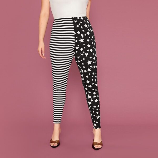 

Plus Star and Striped Leggings Without Belt, Black and white