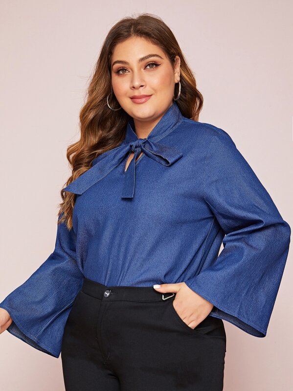 

Plus Solid Tie Neck Denim Blouse, Blue, Carol