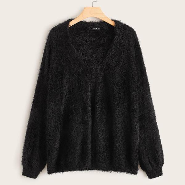 

Plus Solid Fuzzy Cardigan, Black