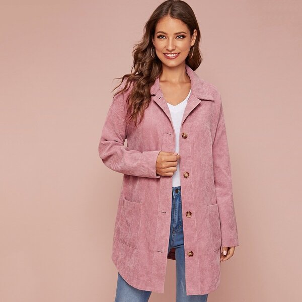 

Collared Single Breasted Pocket Patched Cord Coat, Pink pastel