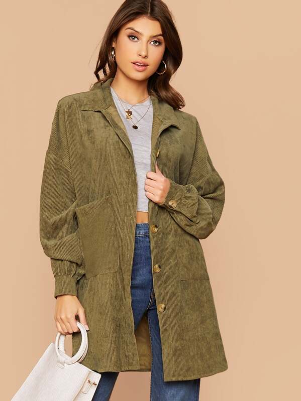 

Pocket Front Button Up Curved Hem Cord Coat, Army green, Lisi Witt