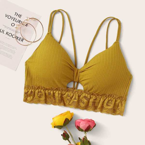 

Lace Trim Keyhole Bralette, Yellow
