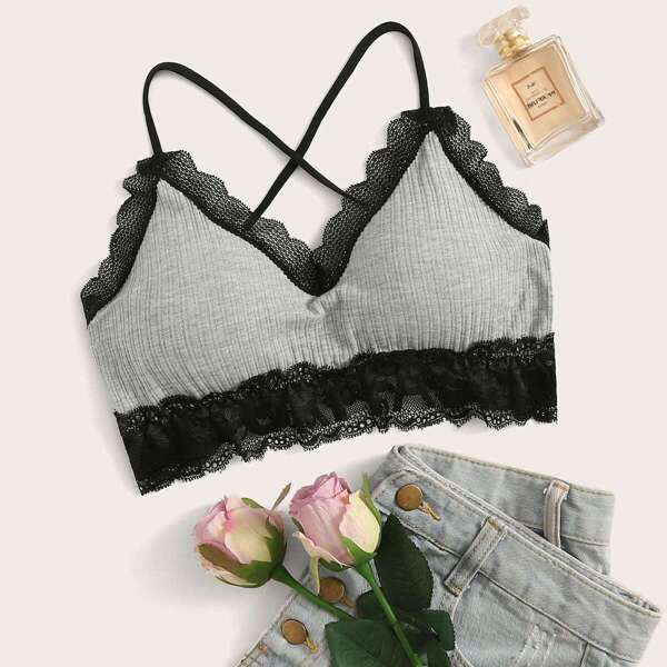 

Floral Lace Criss-cross Bralette, Grey