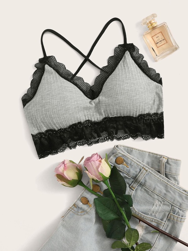 

Floral Lace Criss-cross Bralette, Grey
