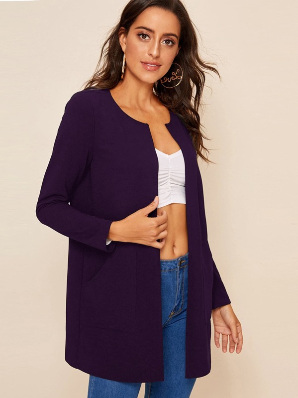 

Solid Open Front Pocket Patched Coat, Purple, Mary P.