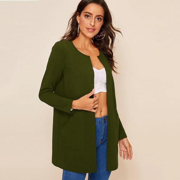 

Solid Open Front Pocket Patched Coat, Army green