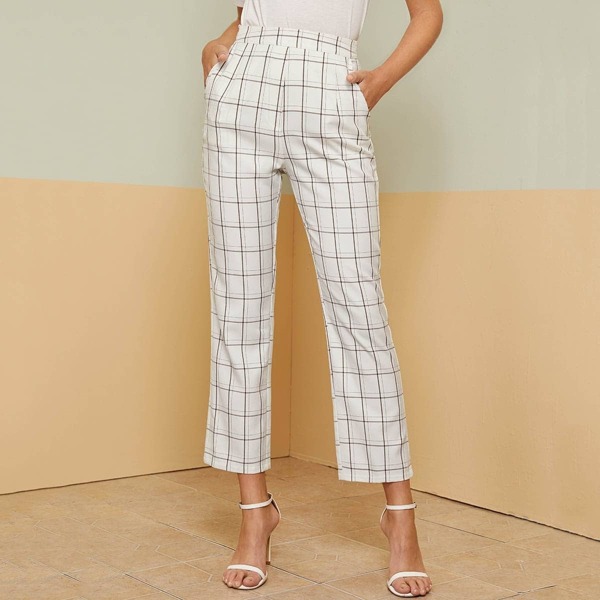 

Wide Waistband Grid Straight Leg Pants, White