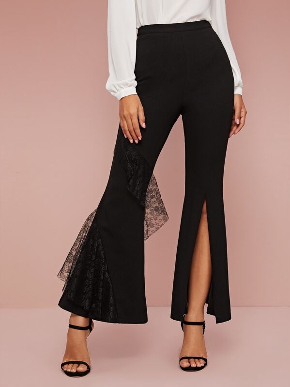 

Lace Trim Split Flare Leg Pants, Black, Debi Cruz