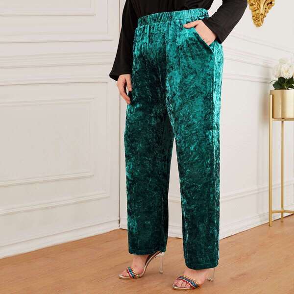 

Plus Slant Pocket Wide Leg Velvet Pants, Green