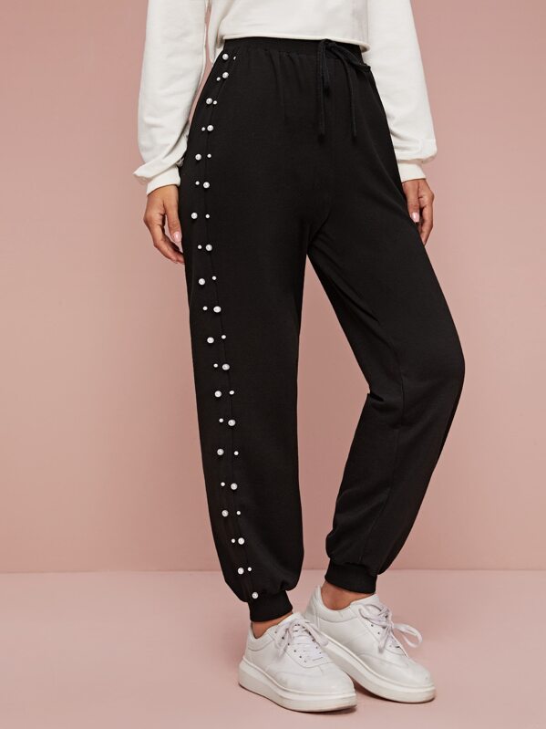 

Drawstring Waist Pearls Beaded Sweatpants, Black, Debi Cruz