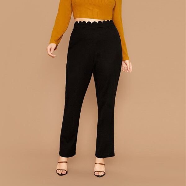 

Plus Scallop Trim Solid Pants, Black