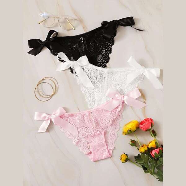 

3pack Plus Floral Lace Tie Side Panty Set, Multicolor