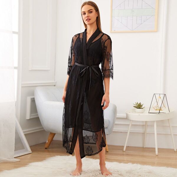 

Sheer Cami Dress With Floral Lace Robe, Black