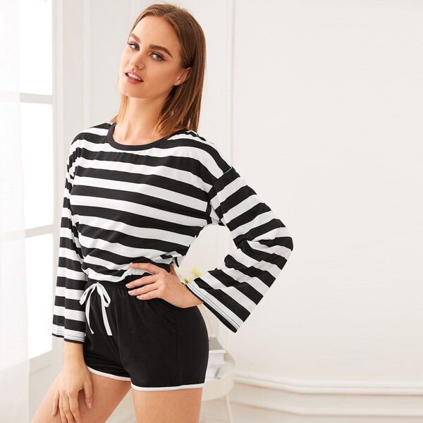 

Striped Contrast Binding Pajama Set, Black and white