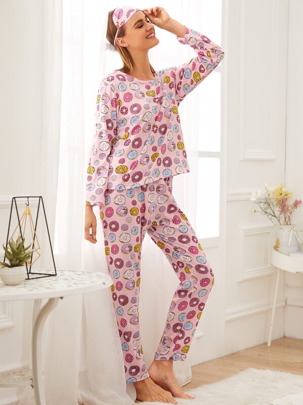 

Donut Print Pajama Set With Eye Mask, Pink, Rasa
