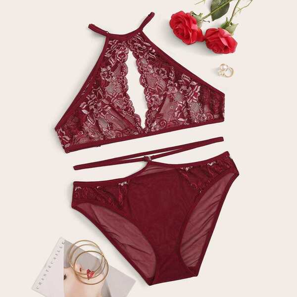 

High Neck Floral Lace Cut-out Sheer Lingerie Set