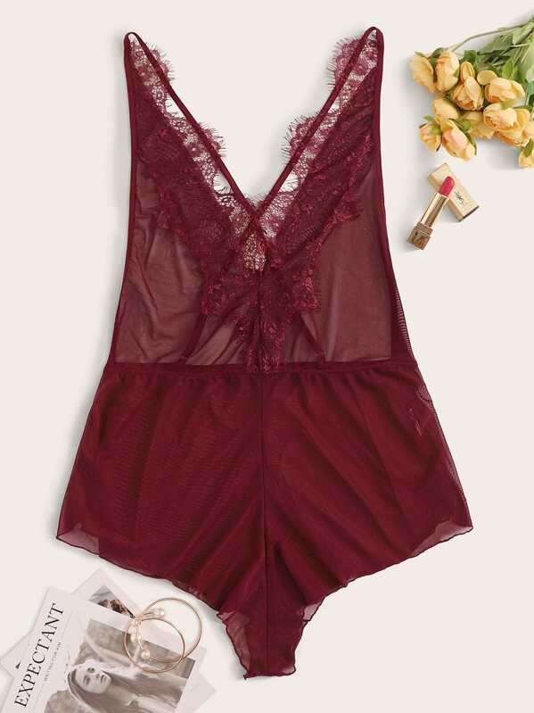 

Eyelash Lace Crisscross Sheer Teddy Bodysuit, Burgundy