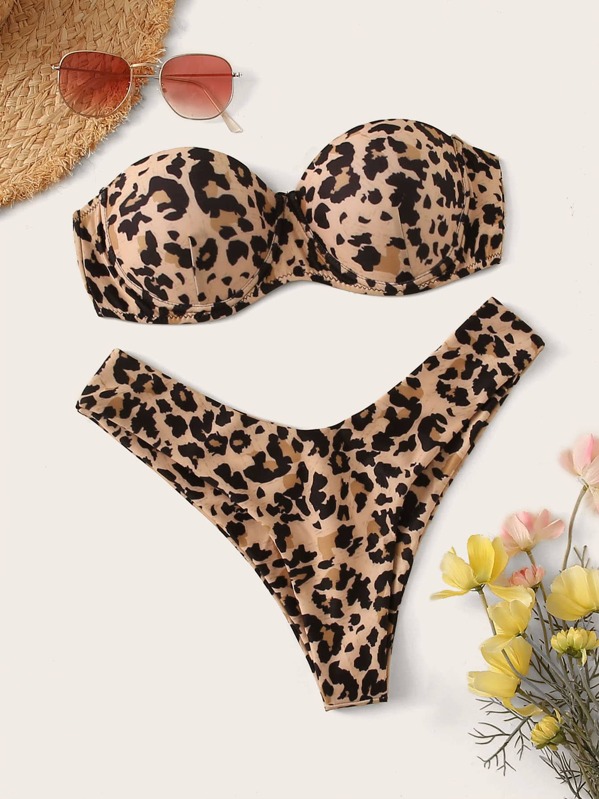 

Leopard Tie Back Bandeau Bikini Set, Multicolor