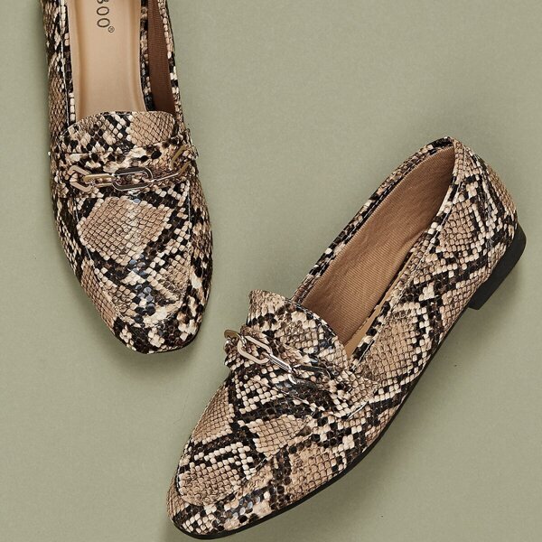 

Chain Detail Snakeskin Slip On Loafers