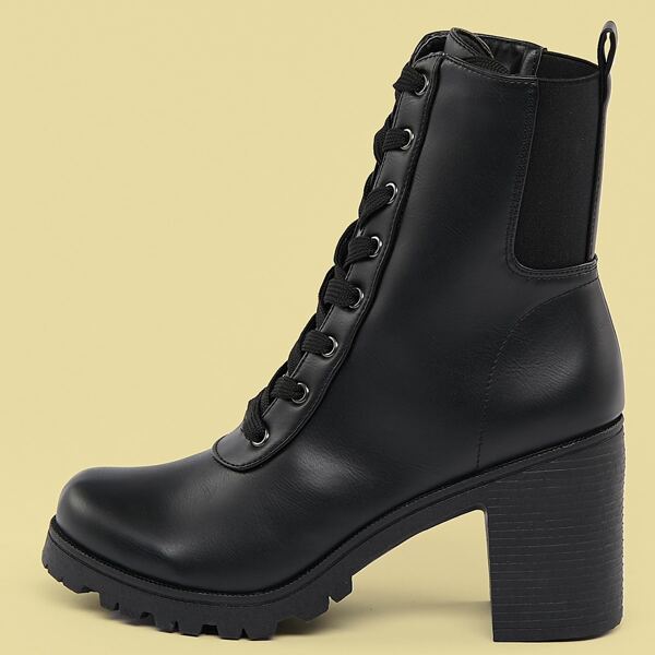 

Lace Front Lug Sole Stacked Heel Combat Boots, Black