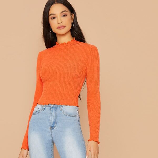 

Neon Orange Lettuce Trim Rib-knit Tee