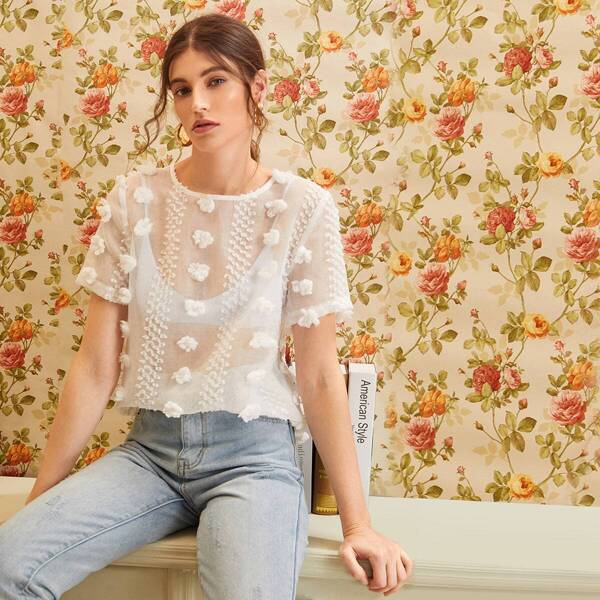 

Swiss Dot Sheer Top Without Bra, White