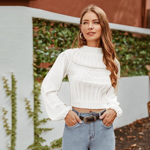 

Lantern Sleeve Mixed Knit Sweater, White