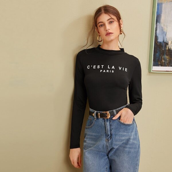 

Slogan Print Mock-neck Slim Tee, Black