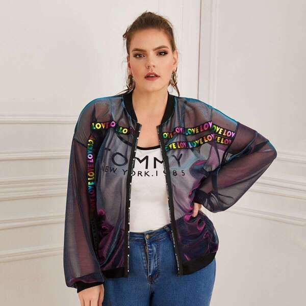 

Plus Letter Tape Sheer Bomber Jacket, Black