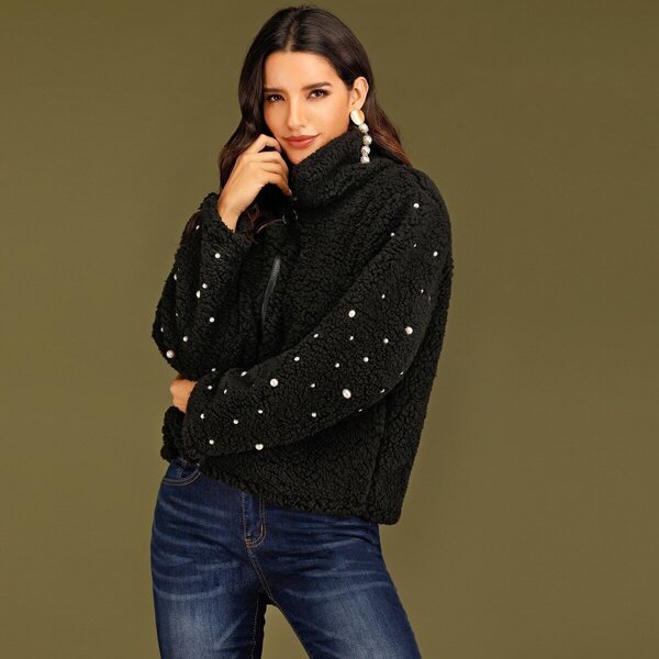 

Pearl Beaded Zip Up Teddy Jacket, Black