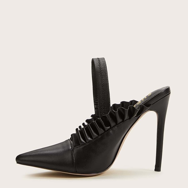 

Point Toe Ruffle Trim Stiletto Heels, Black