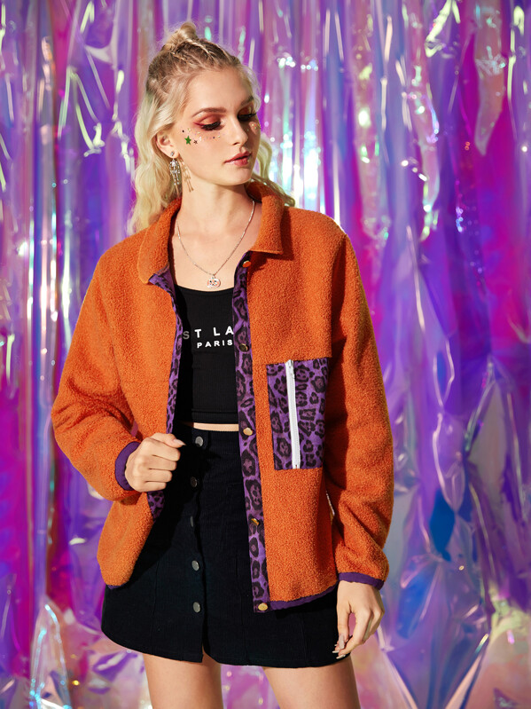 

Contrast Leopard Print Teddy Coat, Orange, Nikola