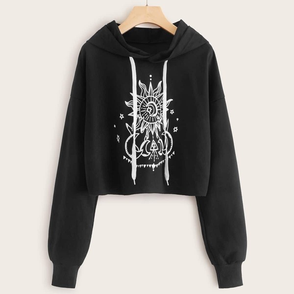 

Graphic Print Drawstring Crop Hoodie, Black