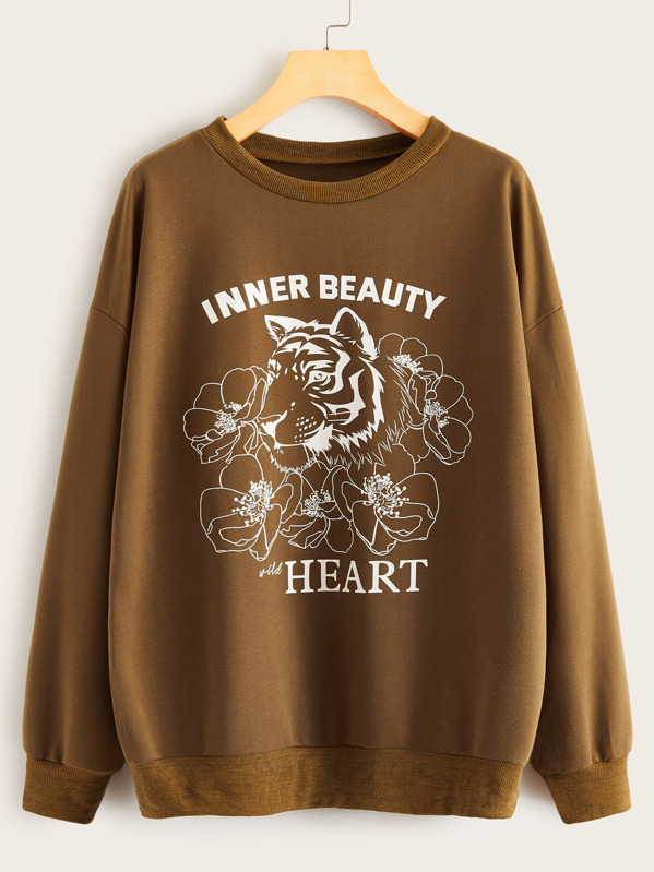 

Letter & Tiger Print Sweatshirt, Brown