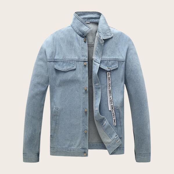 

Men Letter Taped Figure Print Denim Jacket