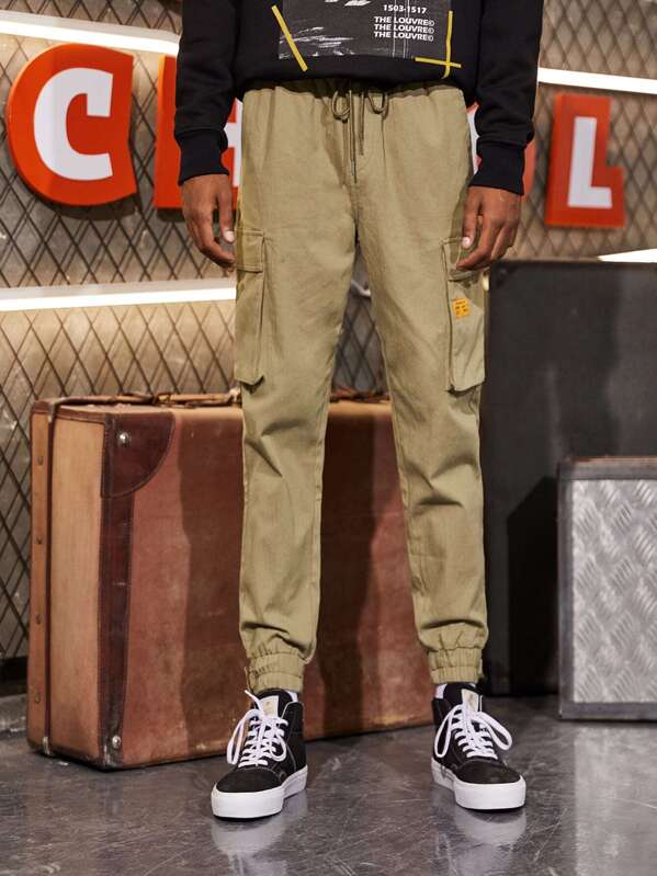 

Men Pocket Side Drawstring Cargo Pants, Khaki, Gleb